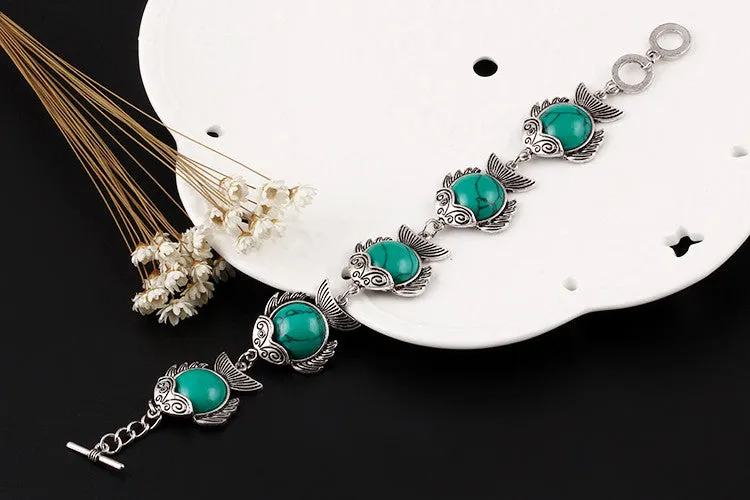 Vintage Fashion Jewelry Antique Silver Plated Lovely Fish Family Necklace Bracelet Earrings Turquoise Jewelry Sets For Women