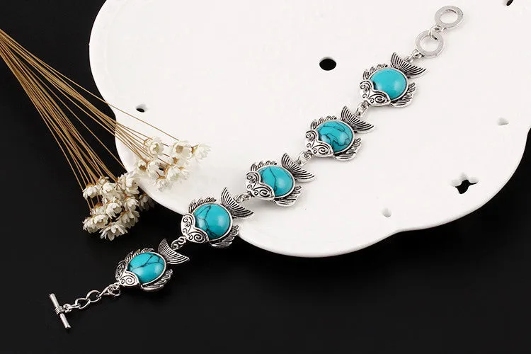 Vintage Fashion Jewelry Antique Silver Plated Lovely Fish Family Necklace Bracelet Earrings Turquoise Jewelry Sets For Women