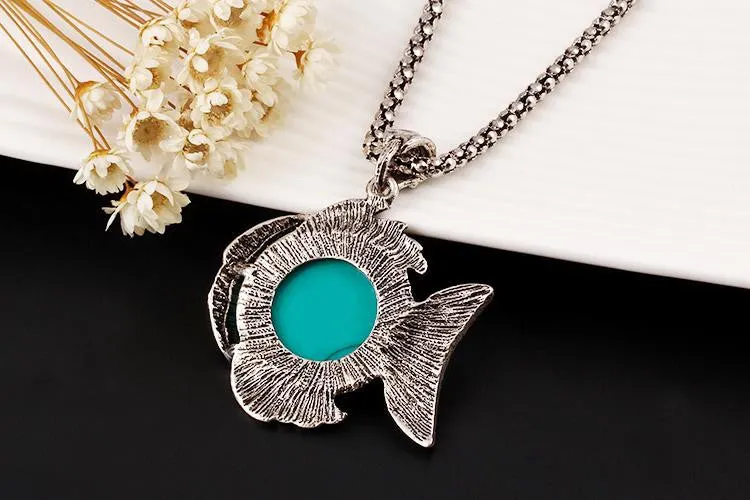 Vintage Fashion Jewelry Antique Silver Plated Lovely Fish Family Necklace Bracelet Earrings Turquoise Jewelry Sets For Women