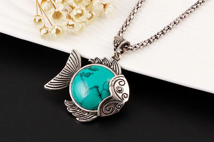 Vintage Fashion Jewelry Antique Silver Plated Lovely Fish Family Necklace Bracelet Earrings Turquoise Jewelry Sets For Women