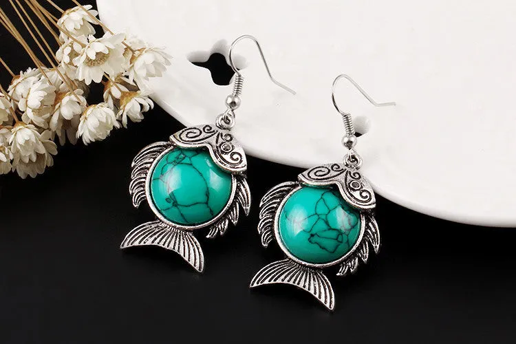 Vintage Fashion Jewelry Antique Silver Plated Lovely Fish Family Necklace Bracelet Earrings Turquoise Jewelry Sets For Women