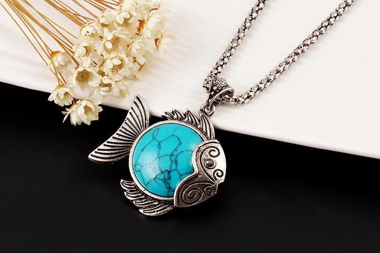 Vintage Fashion Jewelry Antique Silver Plated Lovely Fish Family Necklace Bracelet Earrings Turquoise Jewelry Sets For Women