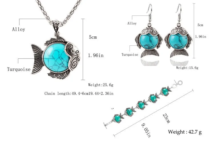 Vintage Fashion Jewelry Antique Silver Plated Lovely Fish Family Necklace Bracelet Earrings Turquoise Jewelry Sets For Women