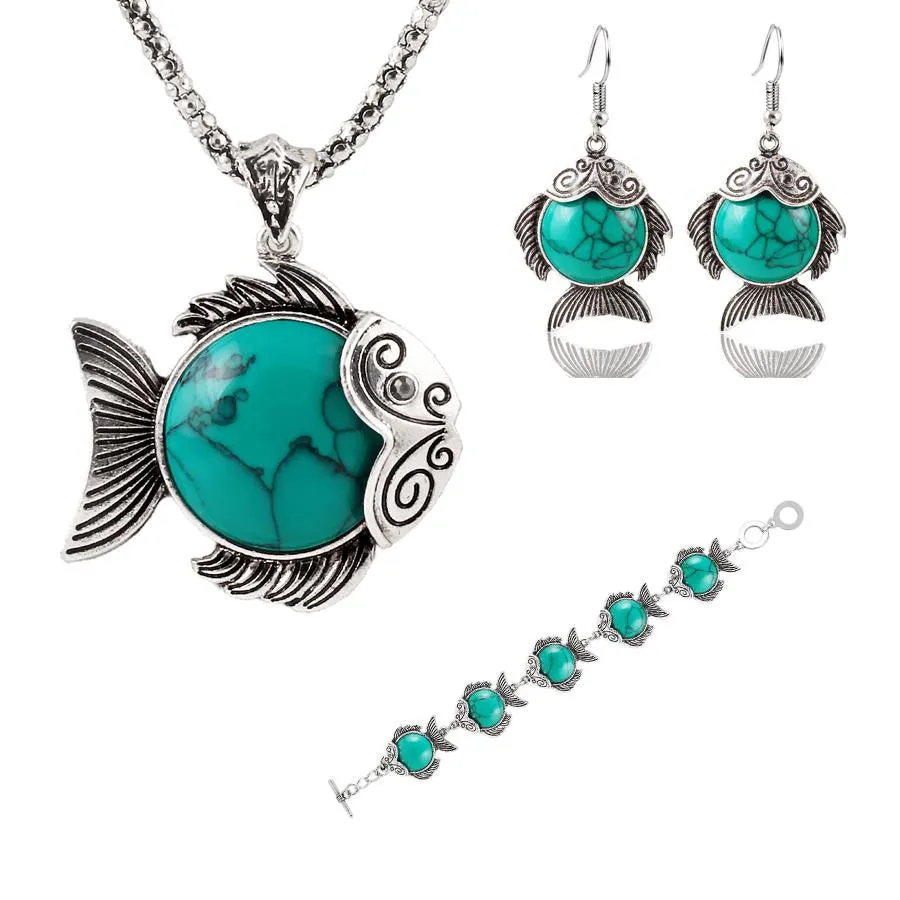 Vintage Fashion Jewelry Antique Silver Plated Lovely Fish Family Necklace Bracelet Earrings Turquoise Jewelry Sets For Women