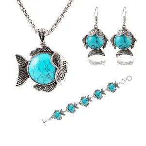 Vintage Fashion Jewelry Antique Silver Plated Lovely Fish Family Necklace Bracelet Earrings Turquoise Jewelry Sets For Women