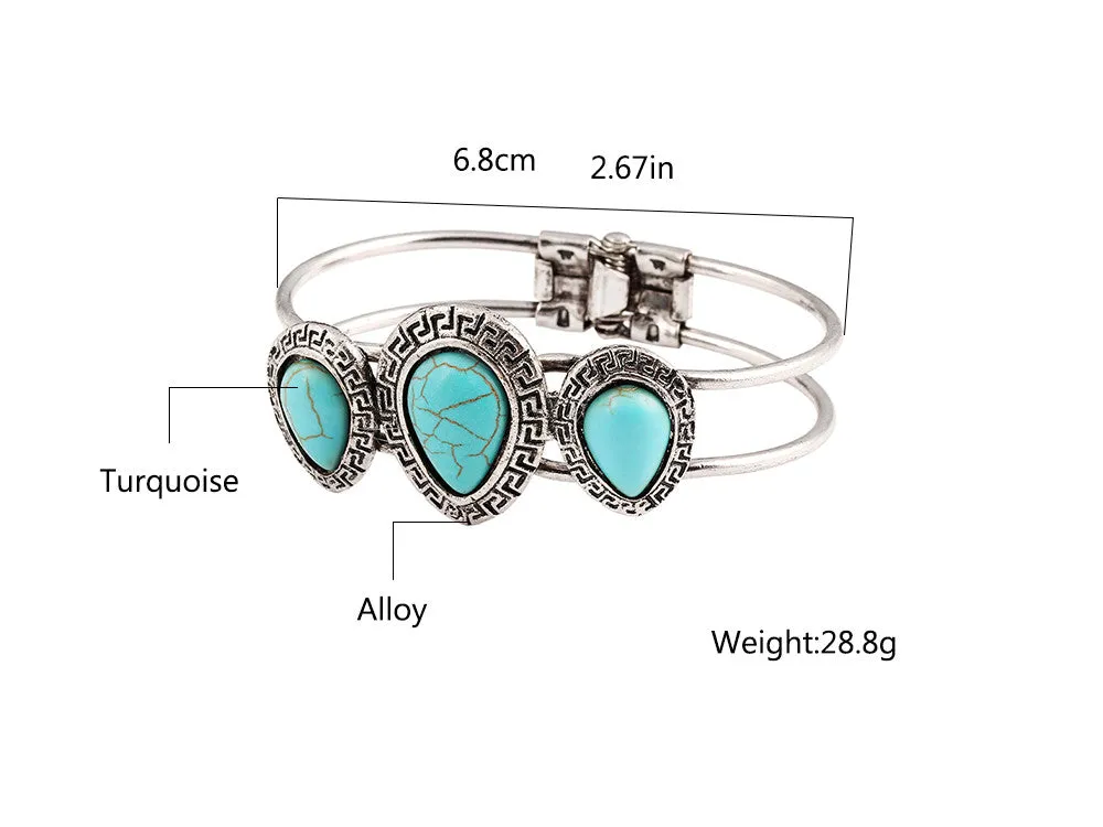 Vintage Jewelry Tear Shape Turquoise Bangle Tibetan Silver Bracelet For Women Water Drop Carved pulsera brazalete Accessory