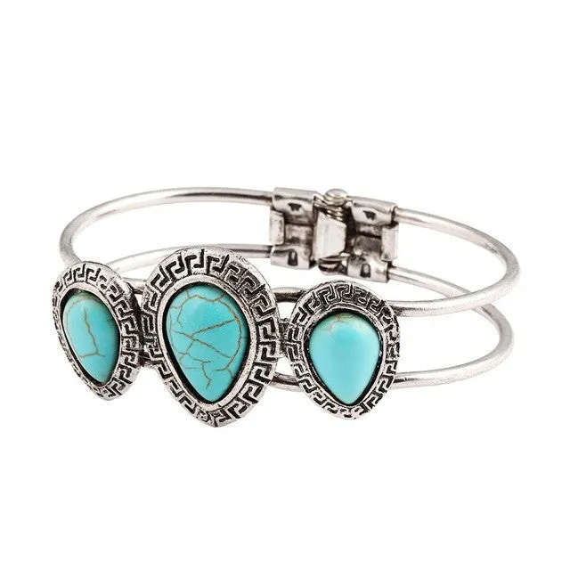 Vintage Jewelry Tear Shape Turquoise Bangle Tibetan Silver Bracelet For Women Water Drop Carved pulsera brazalete Accessory