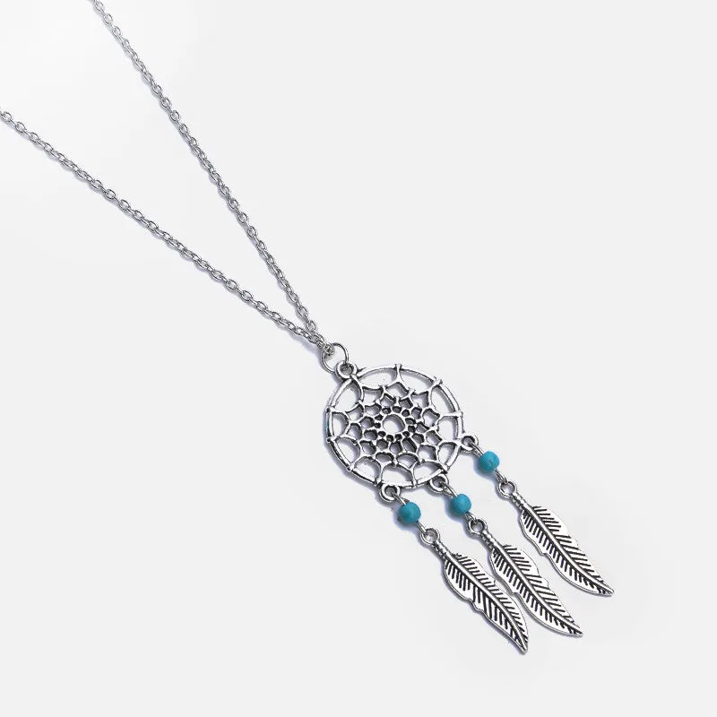 Vintage Silver Plated Dreamcatch Feather Pendants Necklace for Women Choker Statement Necklace Fashion Boho Jewelry