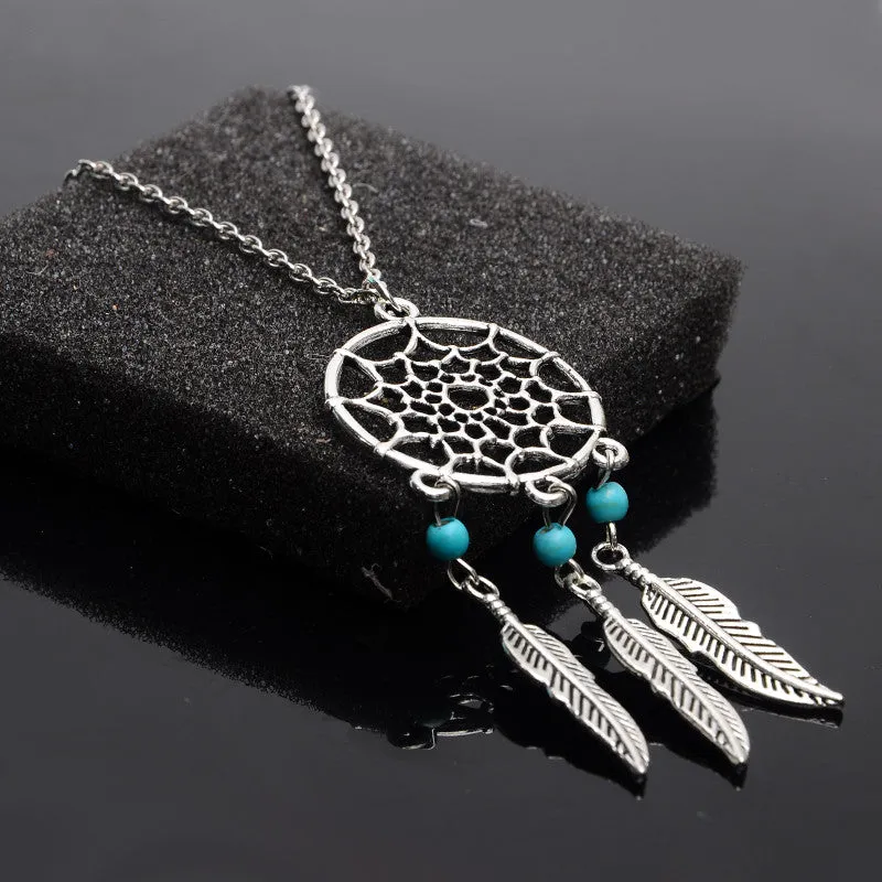 Vintage Silver Plated Dreamcatch Feather Pendants Necklace for Women Choker Statement Necklace Fashion Boho Jewelry