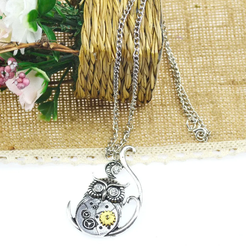 Vintage Steampunk Necklace Antique Owl Clock Spider Love Pendant Chain Necklace New Jewelry For Men Women