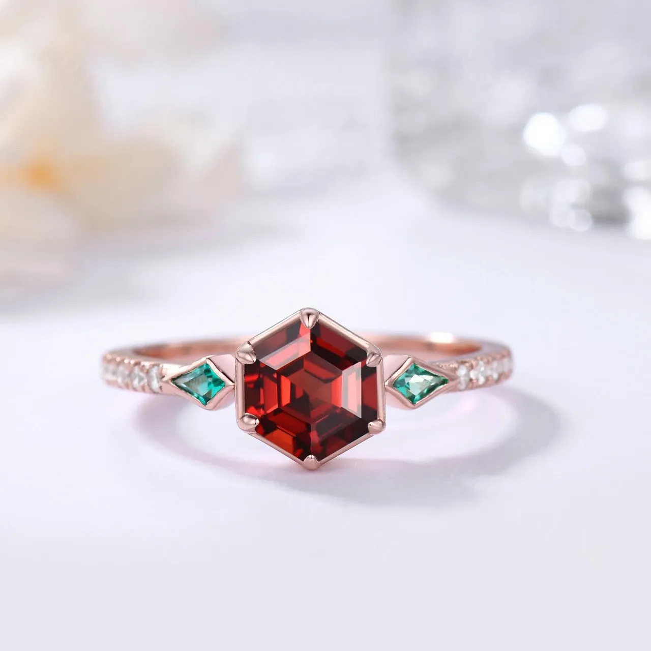 Women Hexagon Lab Ruby Ring Silver Vintage 3-Stones Ruby & Emerald Kite Cut Side Stones  Engagement Ring