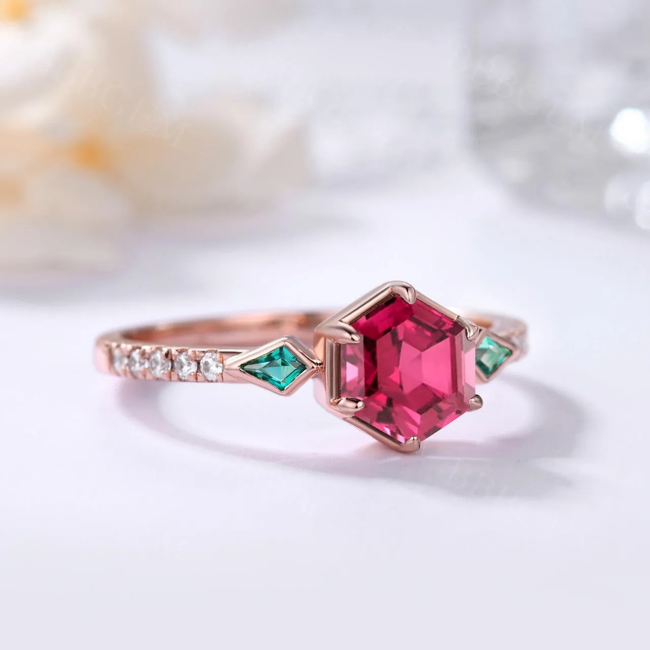 Women Hexagon Lab Ruby Ring Silver Vintage 3-Stones Ruby & Emerald Kite Cut Side Stones  Engagement Ring