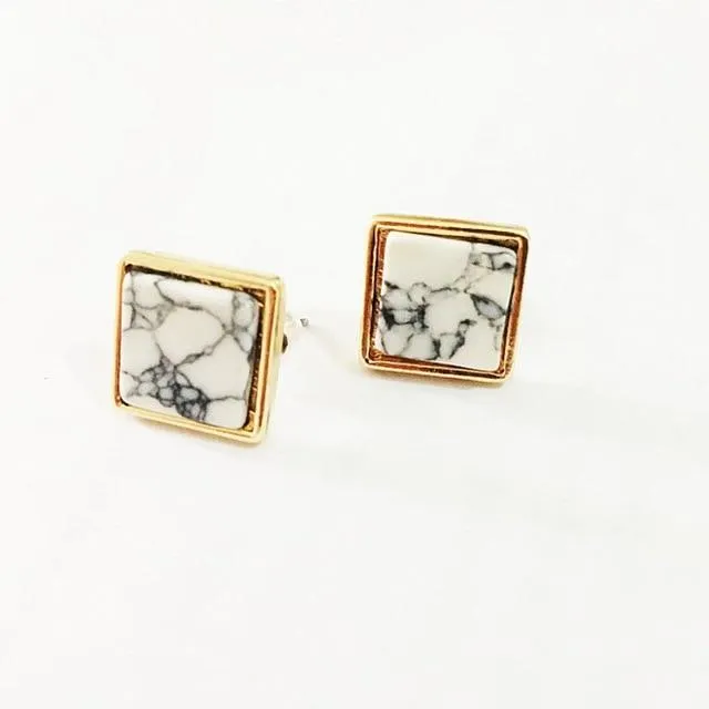 Women Trendy Gold Square Triangle Round Marbled White Faux Stone Stud Earrings