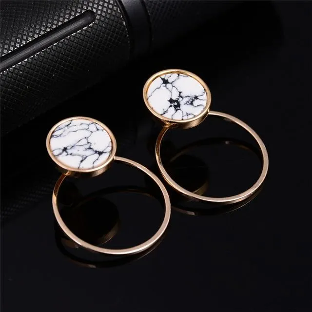 Women Trendy Gold Square Triangle Round Marbled White Faux Stone Stud Earrings