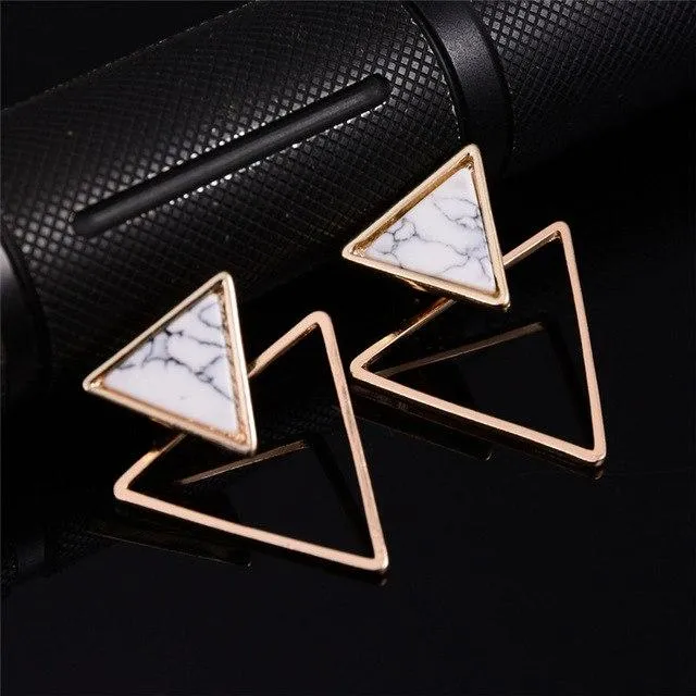 Women Trendy Gold Square Triangle Round Marbled White Faux Stone Stud Earrings