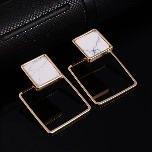 Women Trendy Gold Square Triangle Round Marbled White Faux Stone Stud Earrings