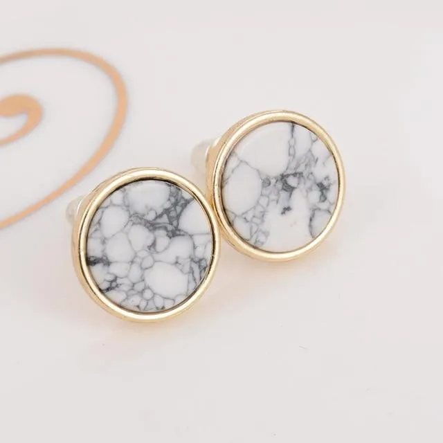 Women Trendy Gold Square Triangle Round Marbled White Faux Stone Stud Earrings