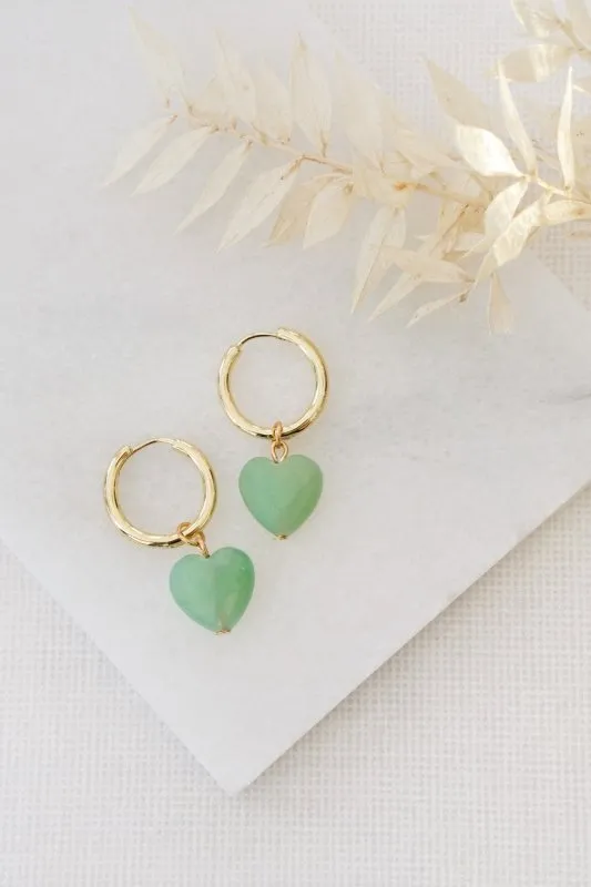 Xander Kostroma Gold Tone Chunky Hoop Aventurine Heart Earrings – 18mm Natural Green Aventurine Gemstone Jewelry for Women, Healing Crystal Earrings for Positivity & Prosperity